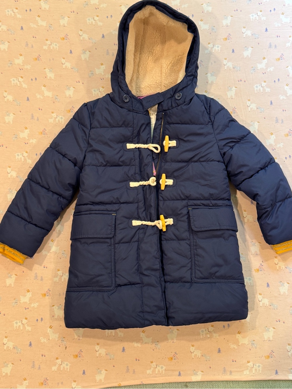 Mini Boden Navy Puffer Toggle Hooded Coat with Yellow Accents 5-6y